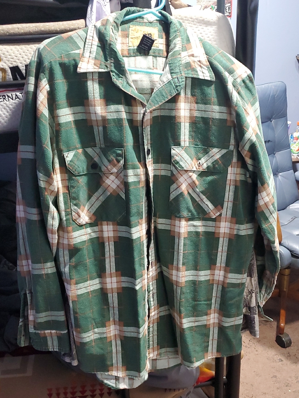 Green Plaid Button-Up Shirt with Tan and White Accents